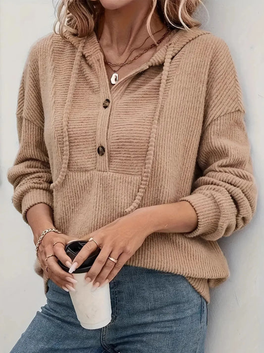 Drawstring Button Front Hoodie Trendsi