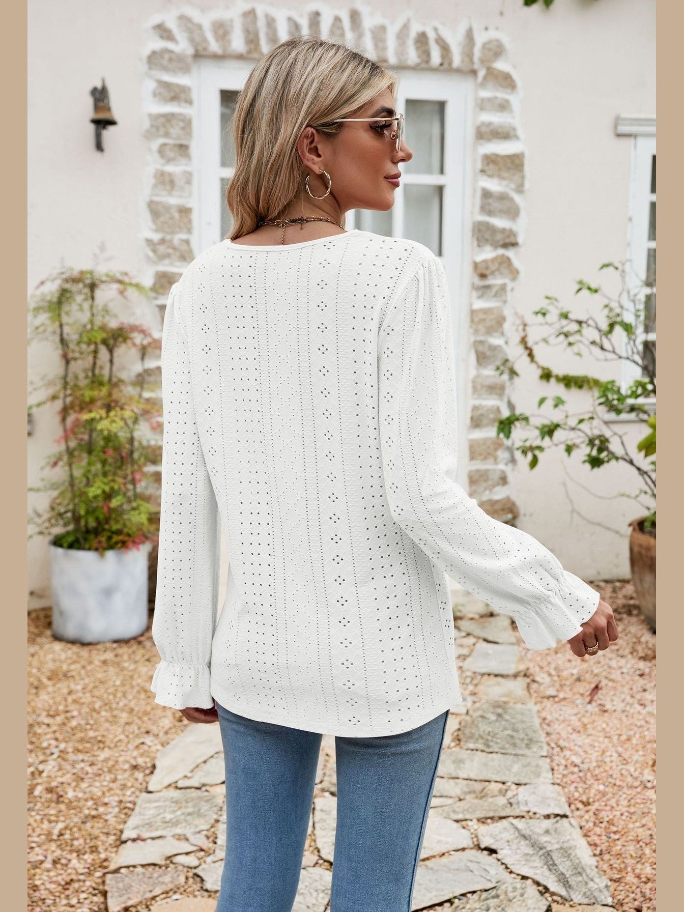 Eyelet Lace Trim Flounce Sleeve Blouse nicholesgifts