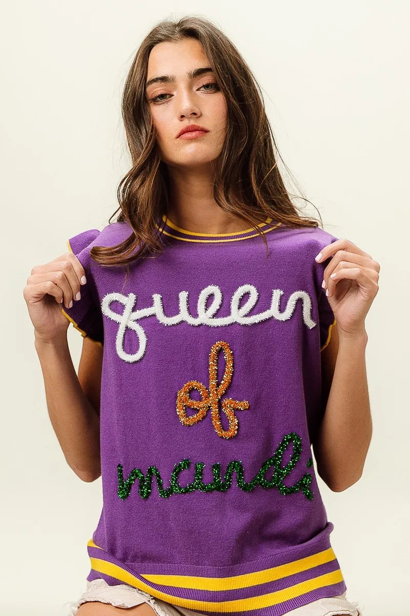 BiBi Queen Of Mardi Ruffled Armhole Sleeveless Knit Top