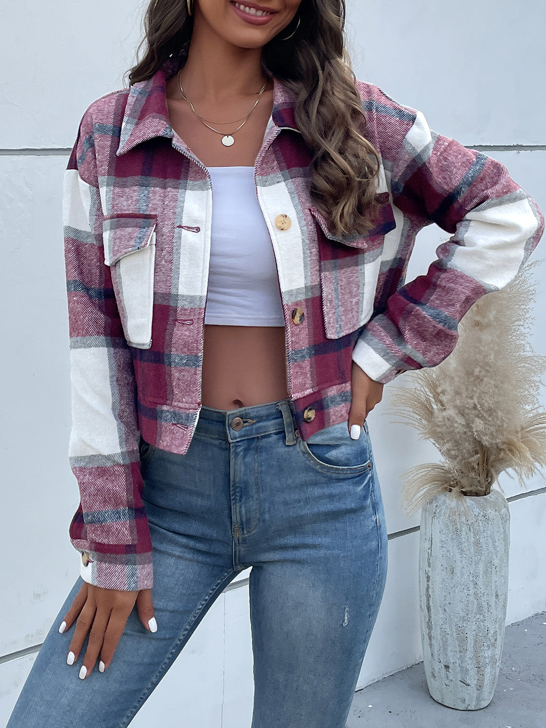 Perfee Plaid Button Up Drop Shoulder Cropped Jacket NicholesGifts