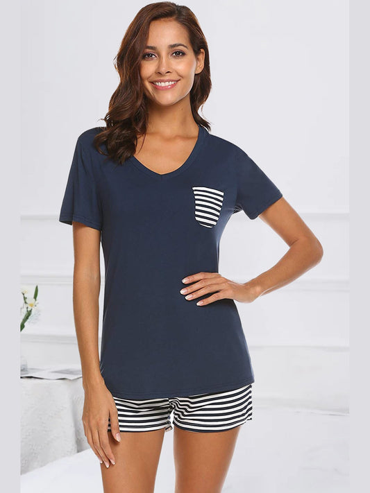 Striped Short Sleeve Top and Shorts Lounge Set