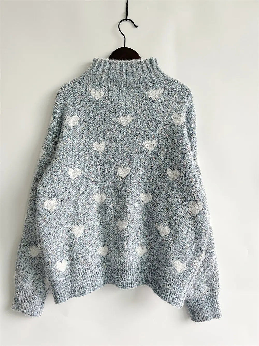 Heart Heathered Turtleneck Drop Shoulder Sweater Trendsi