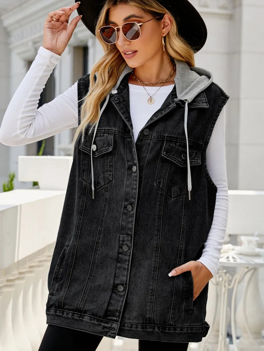 Drawstring Pocketed Button Up Sleeveless Denim Jacket nicholesgifts