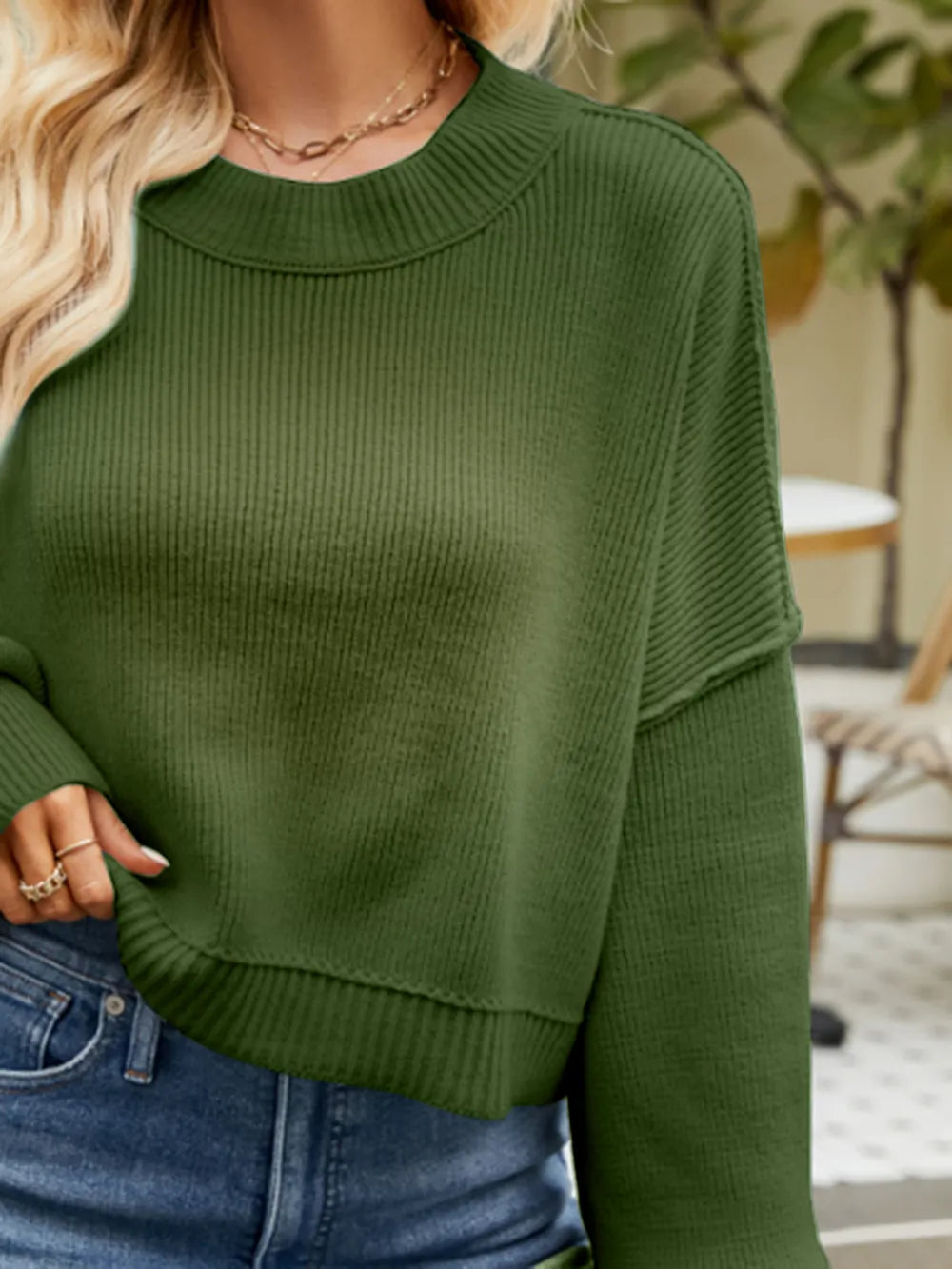 Round Neck Lantern Sleeve Sweater Trendsi