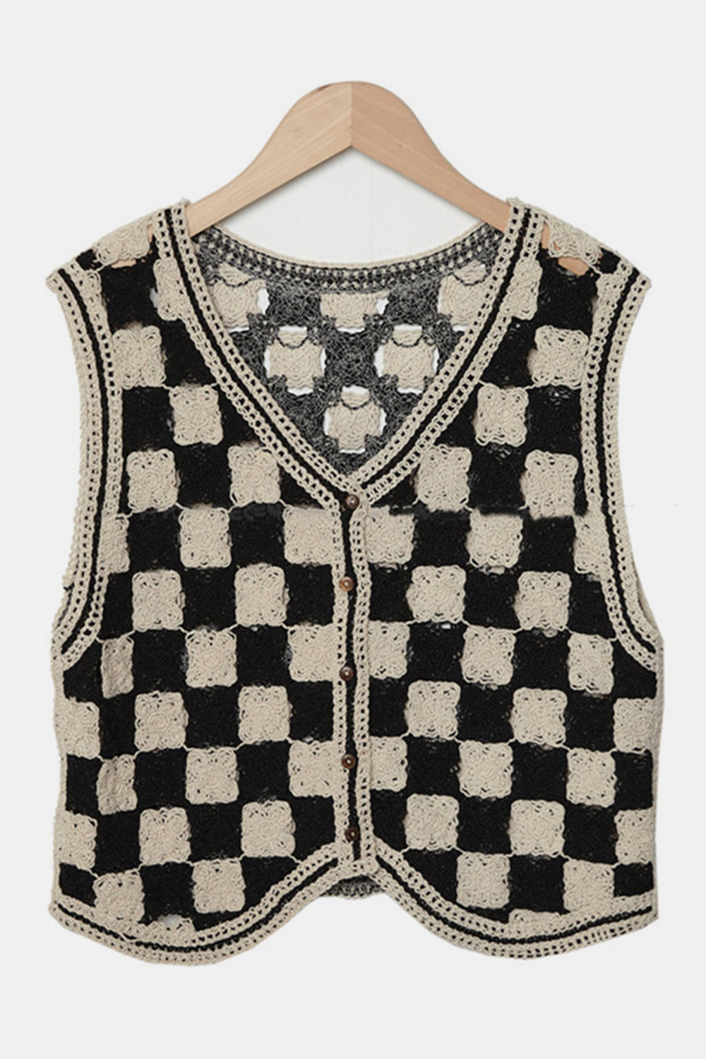 NicholesGifts Women Crochet Checkered V-Neck Button Up Vest NicholesGifts