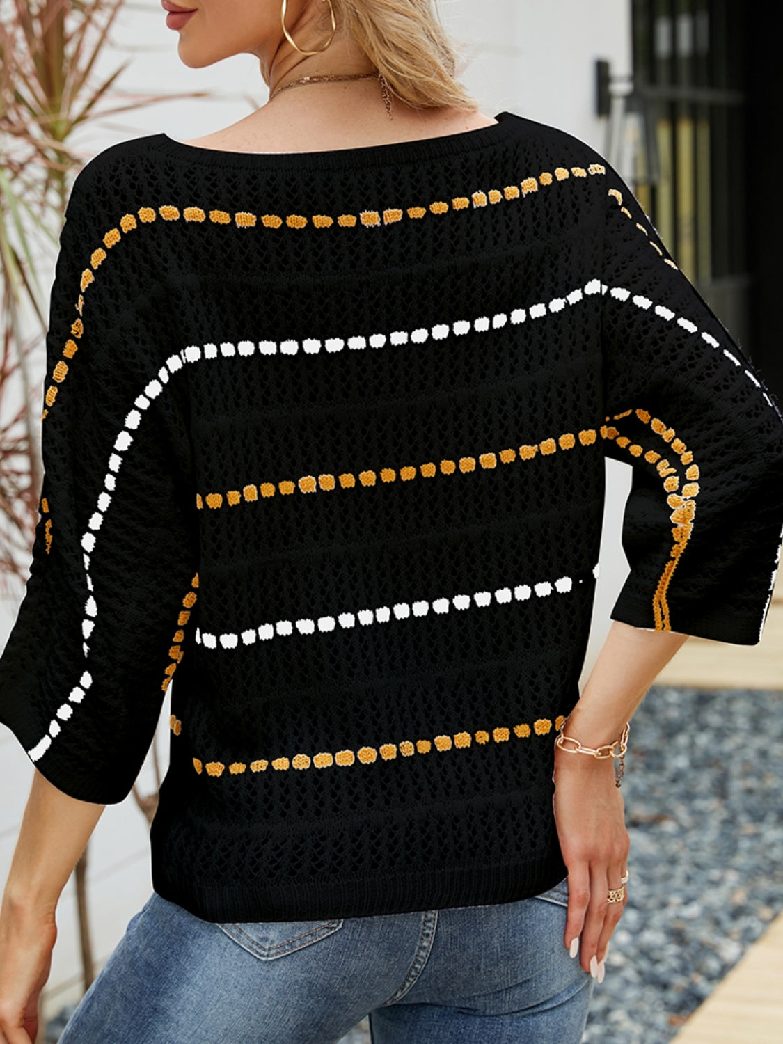 NicholesGifts Women Eyelet Striped Round Neck Knit Top NicholesGifts