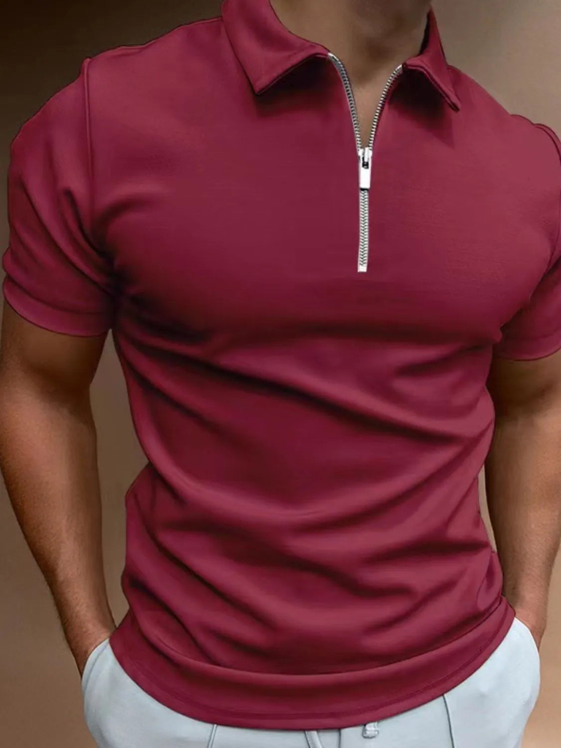 Men's Full Size Zip Collar Short Sleeve Polo Plus Size Trendsi