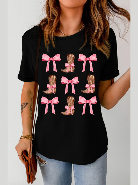 Women Bow & Boot Graphic Round Neck Short Sleeve T-Shirt NicholesGifts