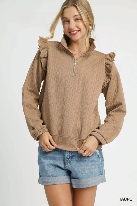 Umgee Cable Knit Textured Pullover with Ruffle Shoulders Trendsi