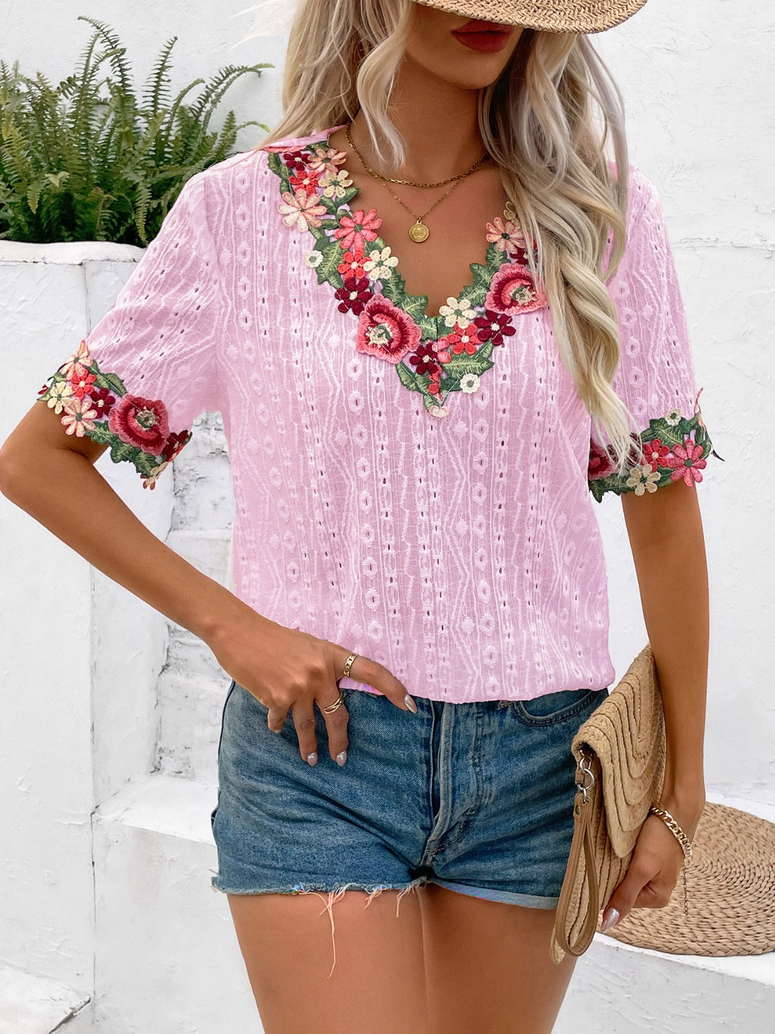 Eyelet Embroidered V-Neck Short Sleeve Blouse NicholesGifts