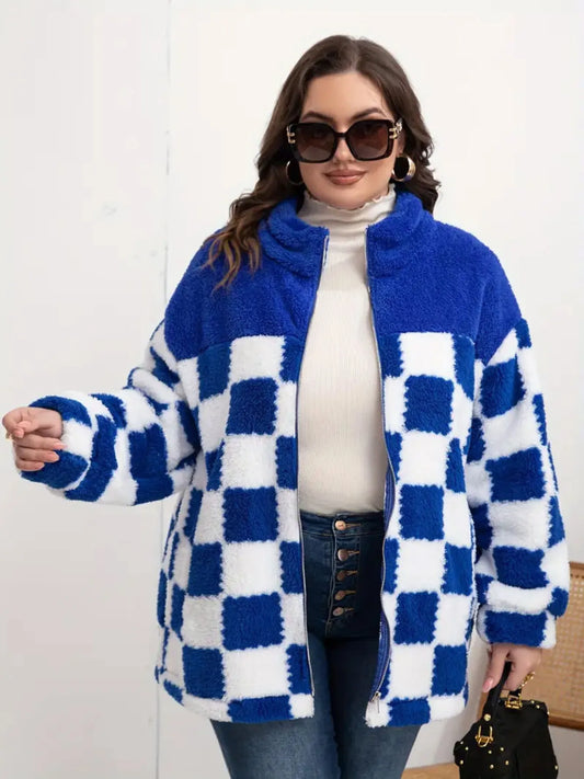 Checkered Fleece Oversized Zip Up Jacket Trendsi