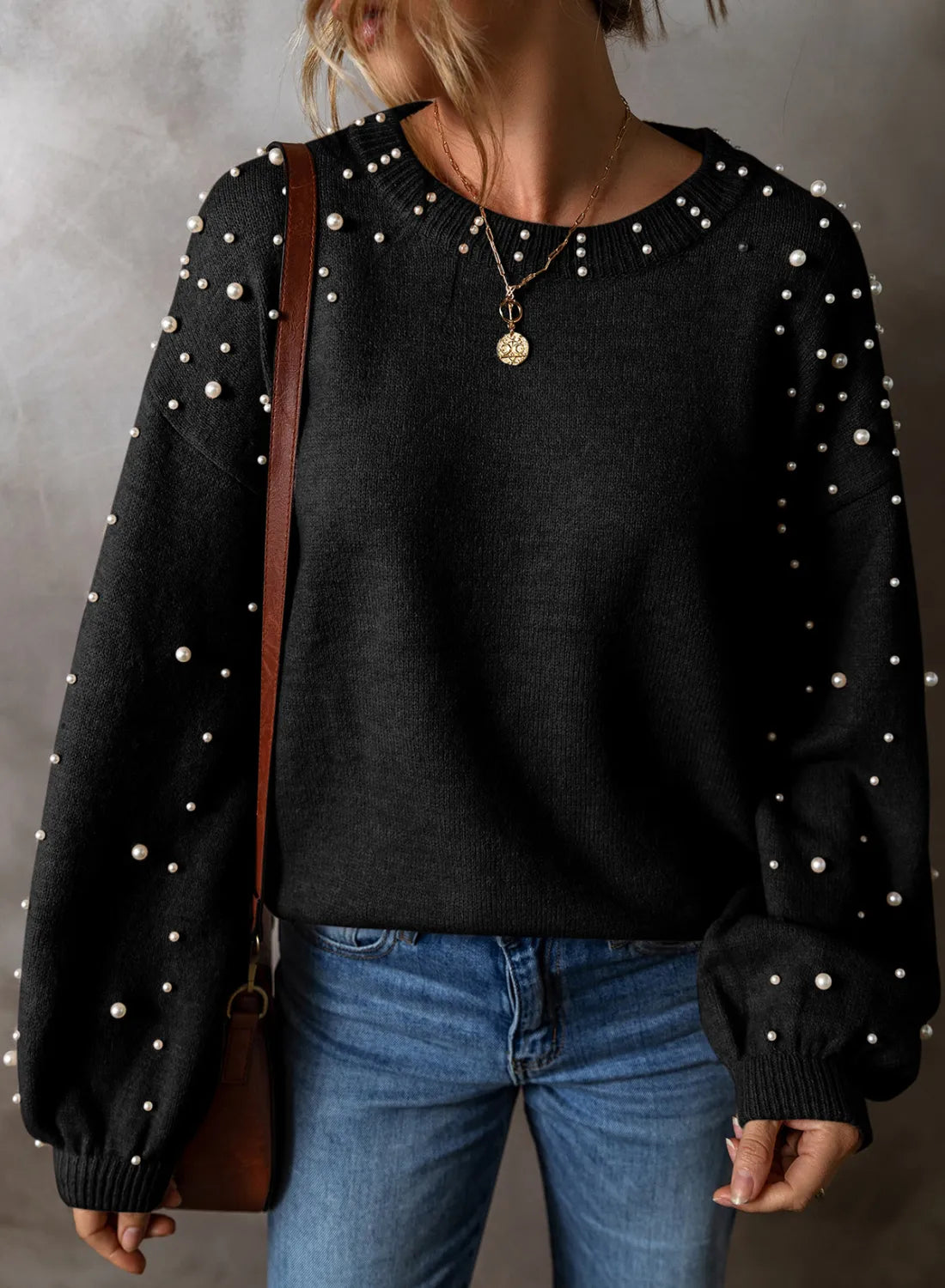 Women Pearl Detail Round Neck Long Sleeve Sweater
