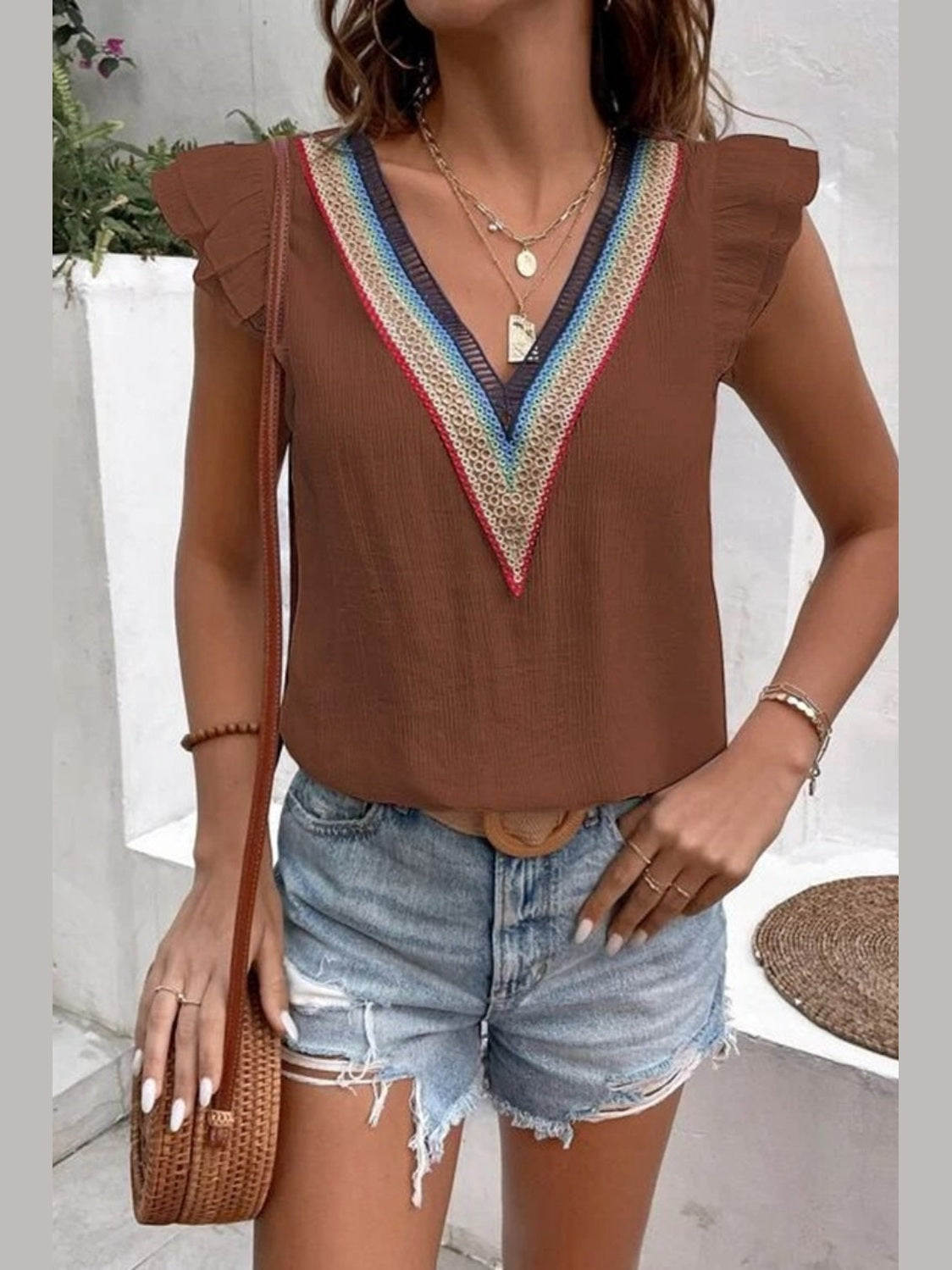 Full Size Ruffled V-Neck Cap Sleeve Blouse