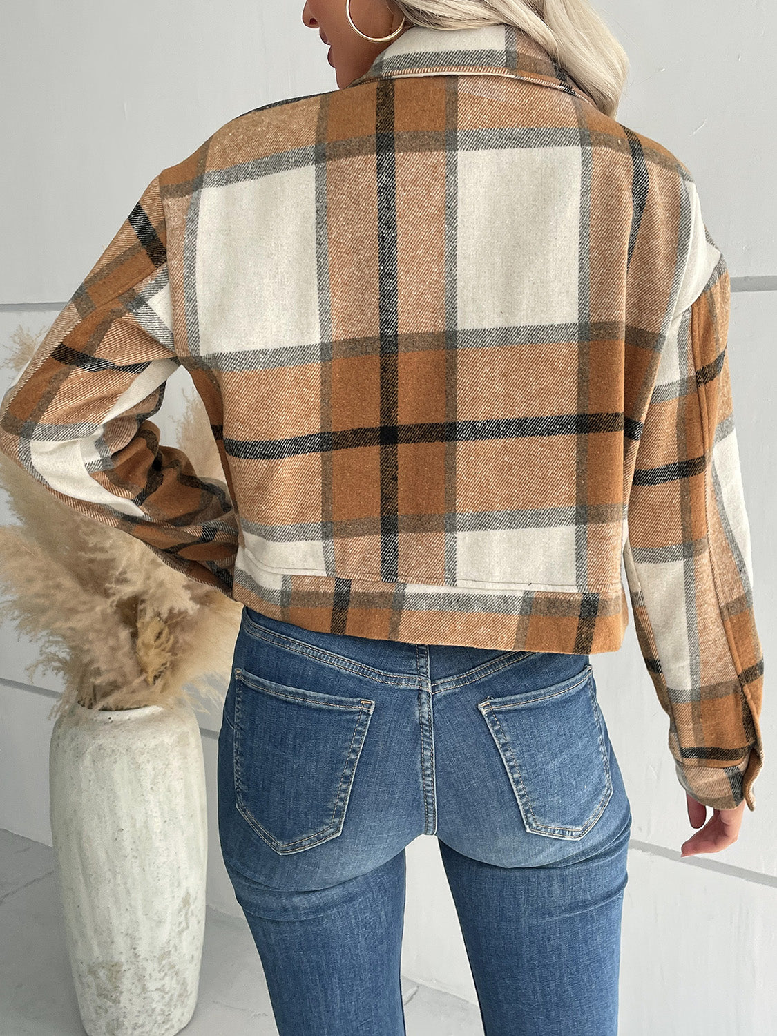Perfee Plaid Button Up Drop Shoulder Cropped Jacket NicholesGifts
