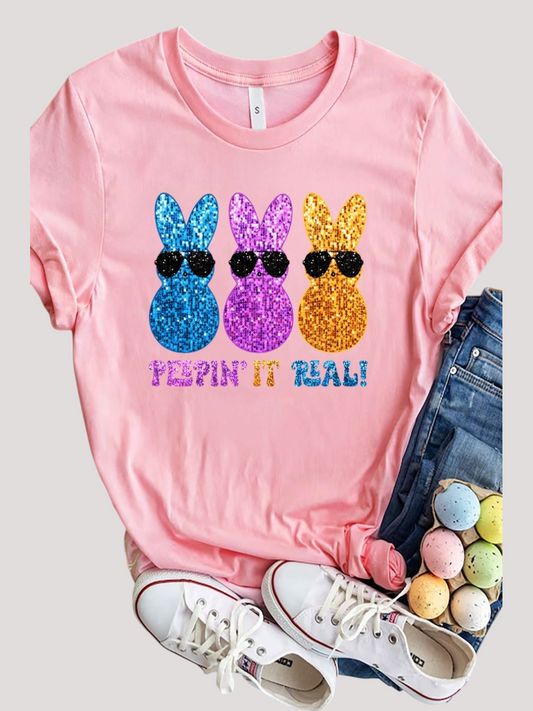 Women Sequin Rabbit Round Neck Short Sleeve Easter T-Shirt