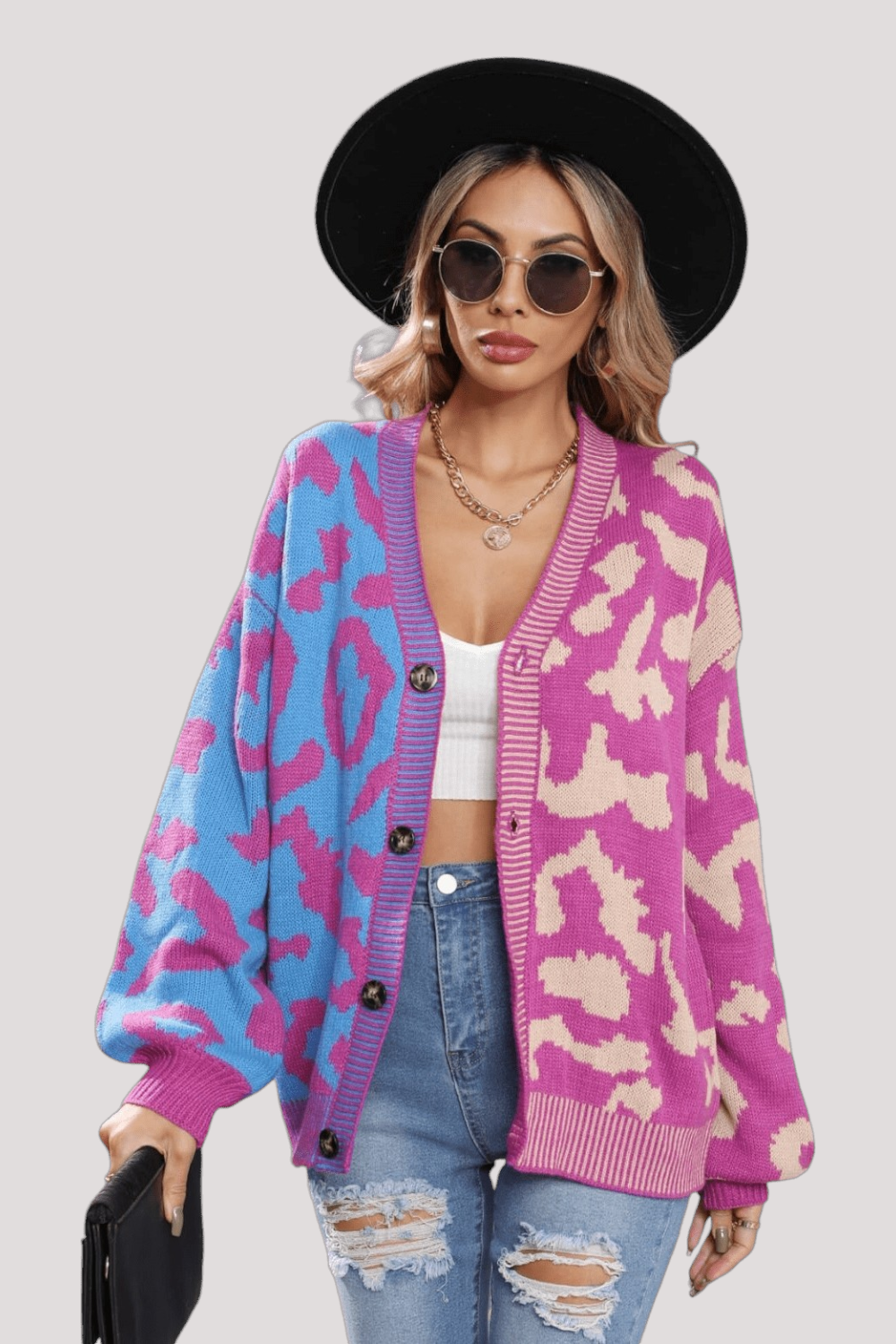 Women Cardigan Sweaters Leopard Button Front Ribbed Trim NicholesGifts