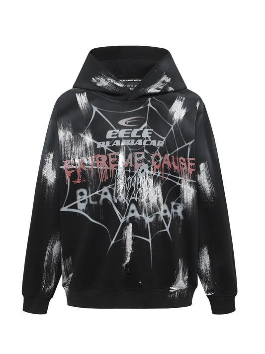 Men's Gothic Spider Web Graffiti Print Hoodie