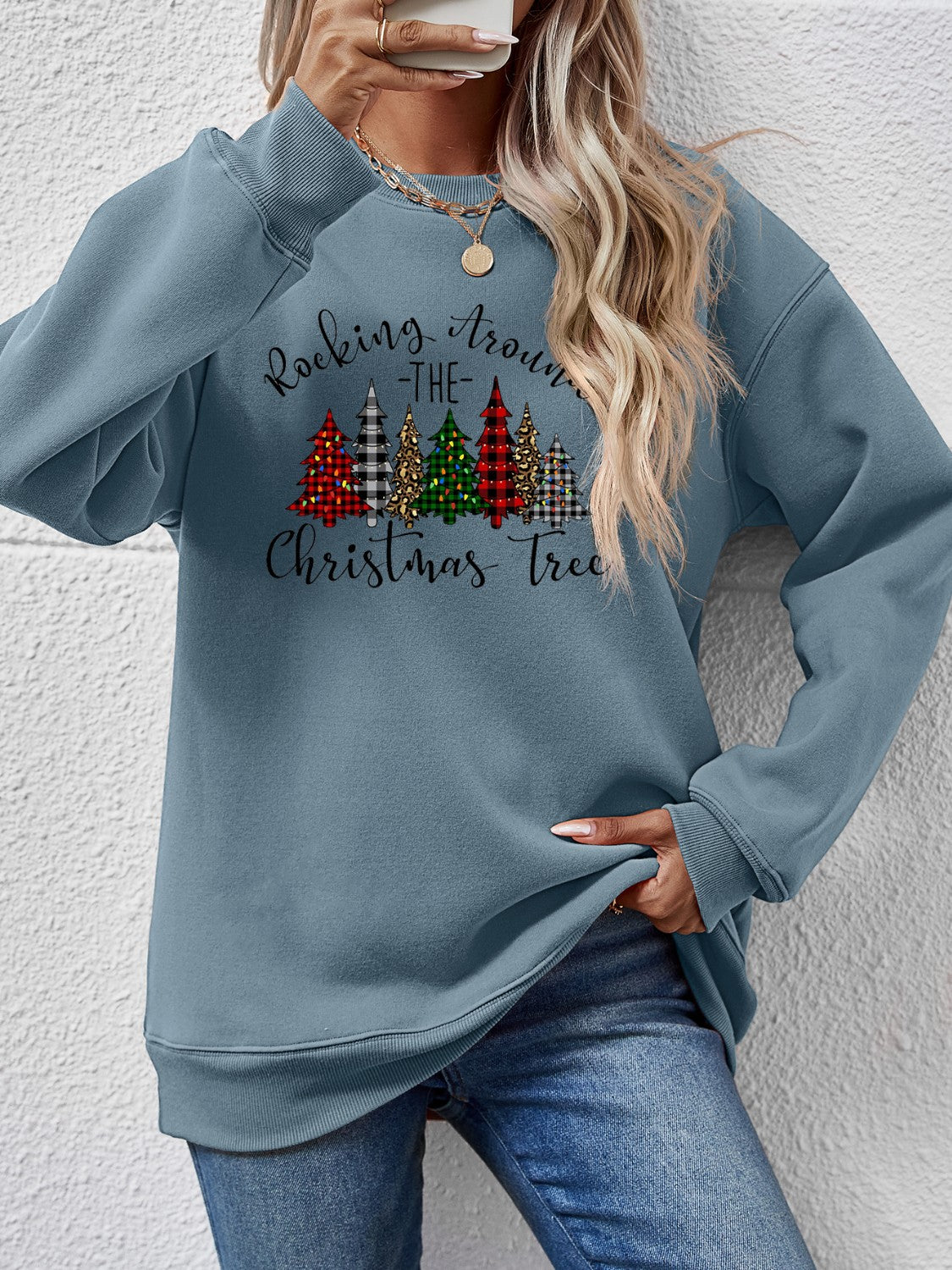 Christmas Tree Graphic Round Neck Sweatshirt NicholesGifts