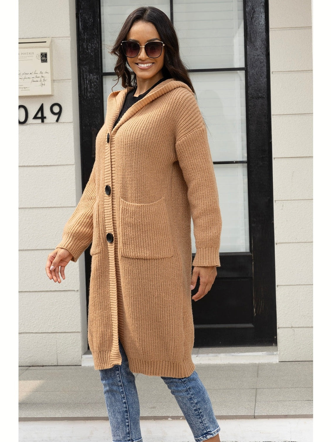 Women Button Up Long Sleeve Hooded Cardigan with Pockets NicholesGifts