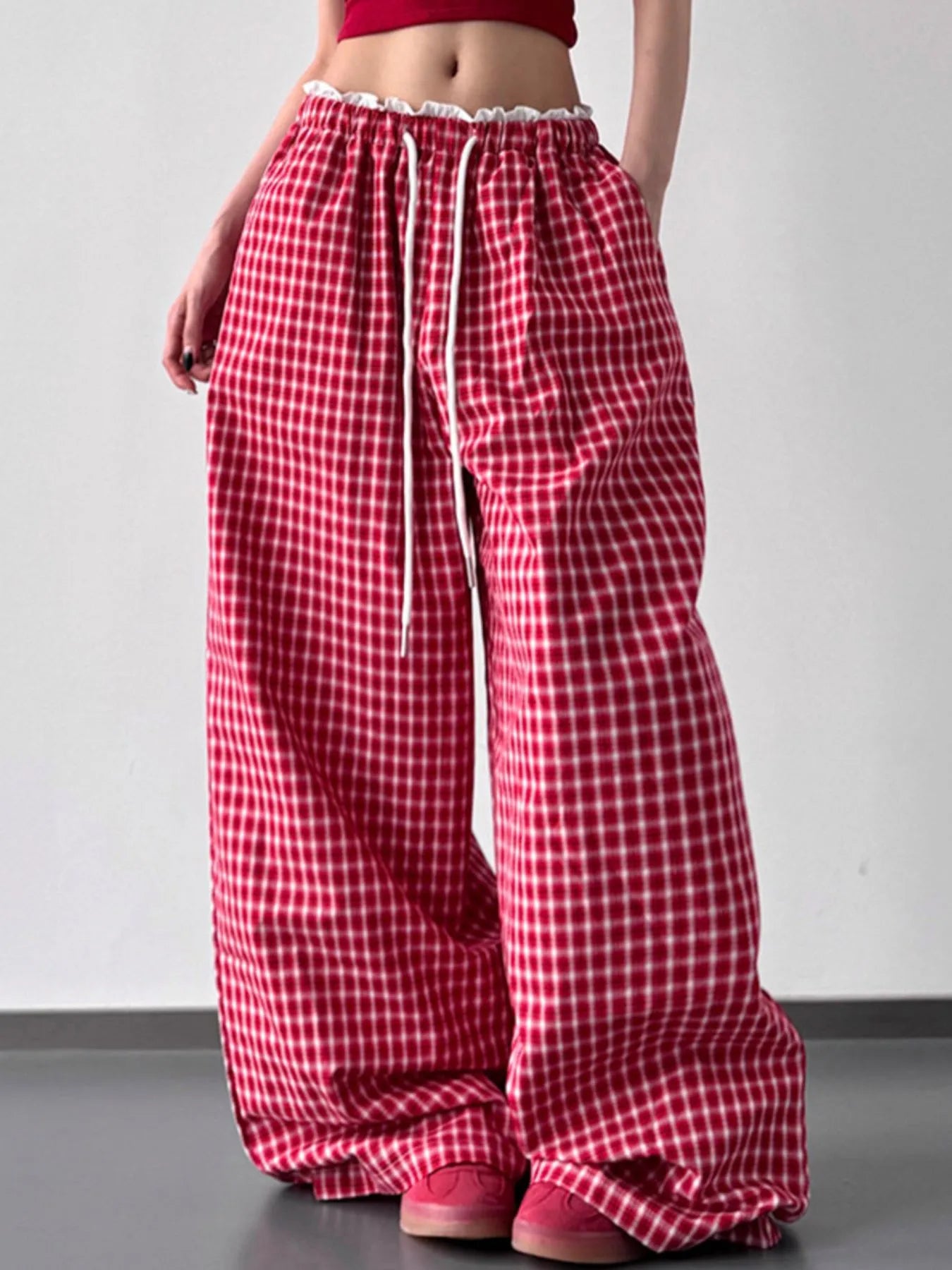 Drawstring Plaid Wide Leg Pants Trendsi