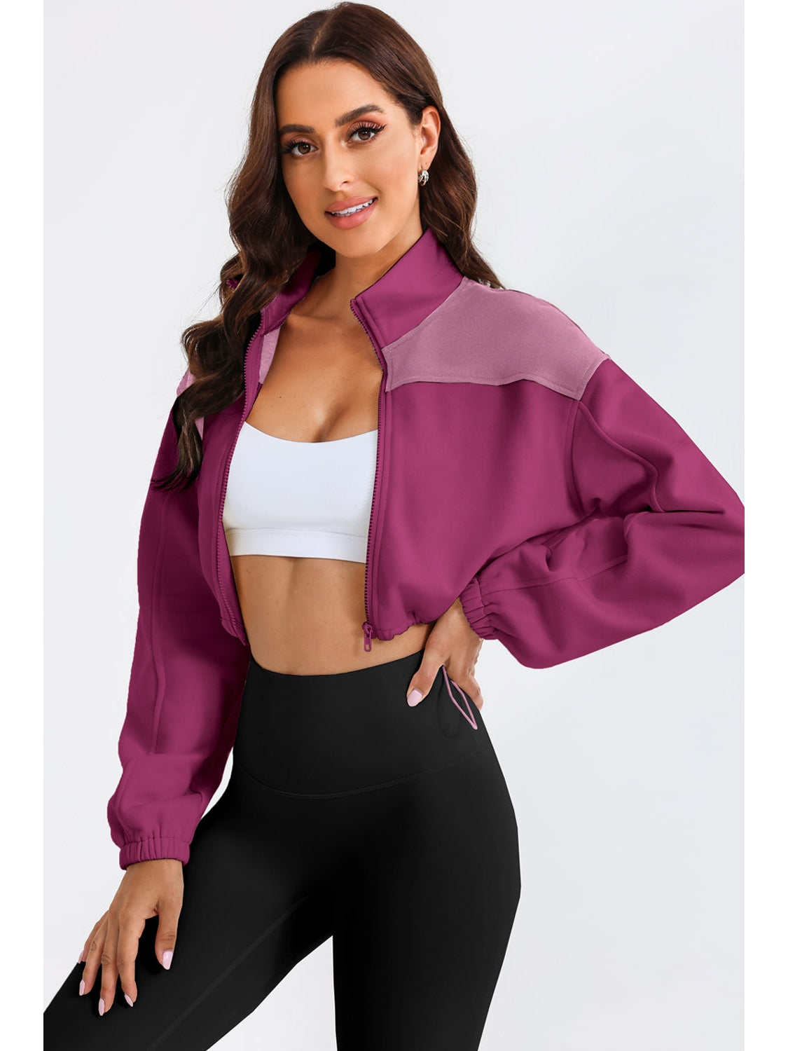 NicholesGifts Women Contrast Drawstring Zip Up Jacket NicholesGifts