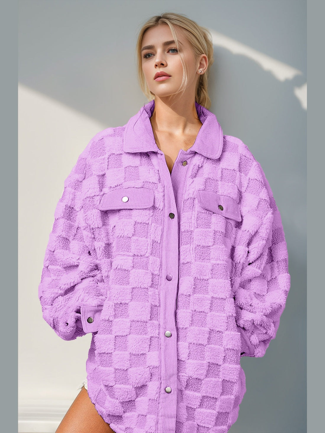 Women Double Take Button Up Fuzzy Checkered Shacket nicholesgifts