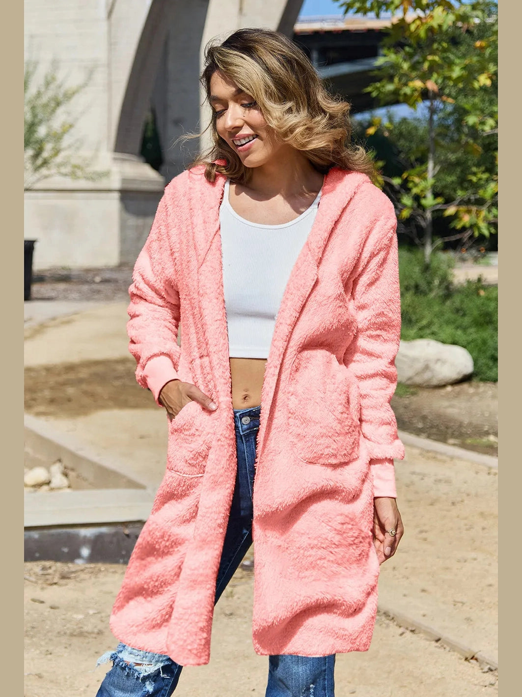 Double Take Full Size Hooded Teddy Bear Jacket with Thumbholes nicholesgifts