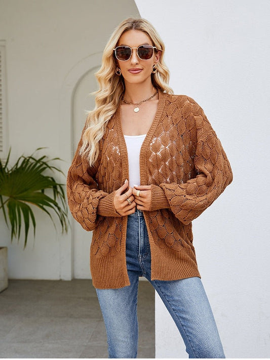 NicholesGifts Women Openwork Open Front Lantern Sleeve Cardigan