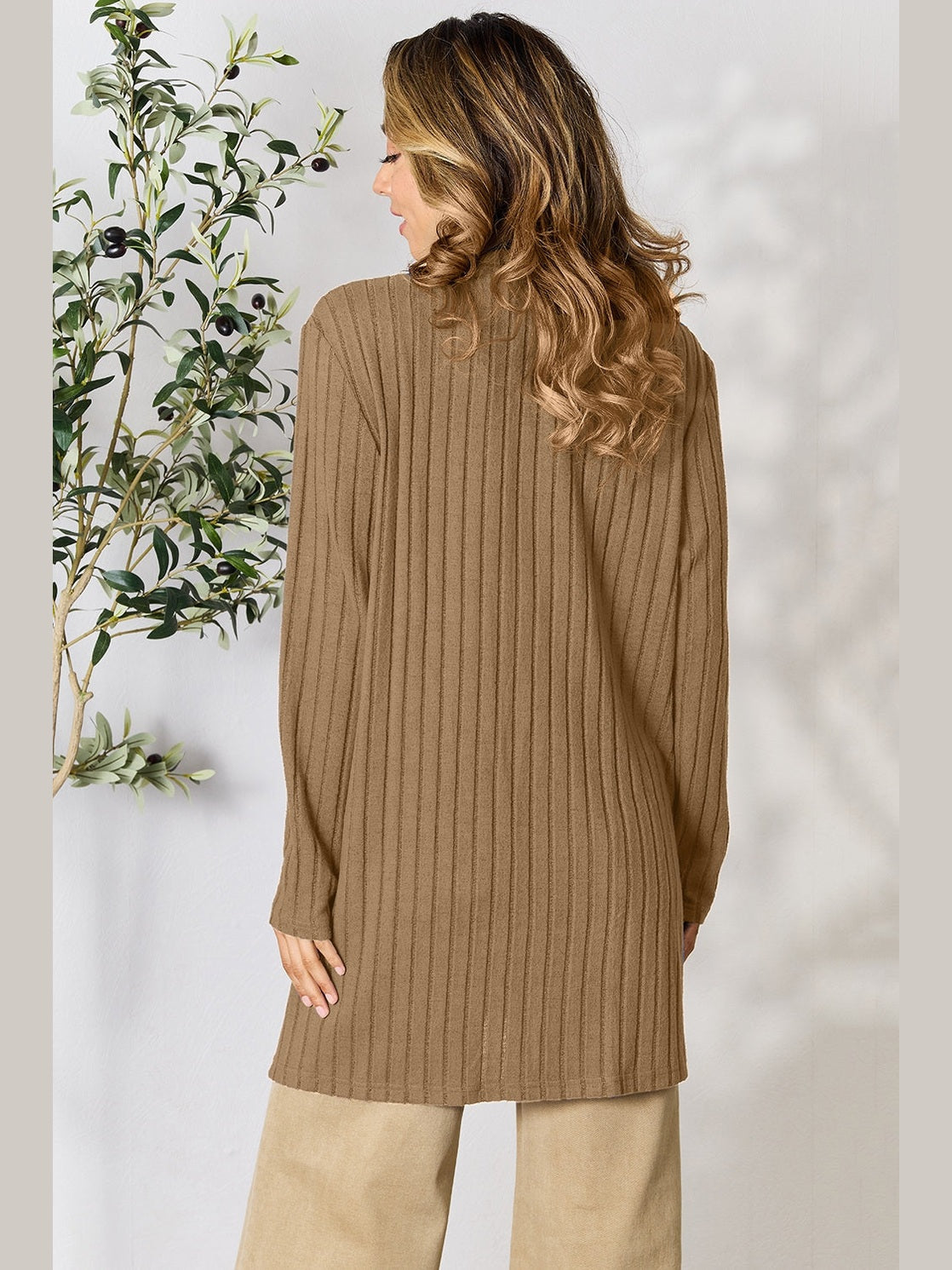 NicholesGifts Women Basic Bae Full Size Ribbed Open Front Cardigan with Pockets NicholesGifts