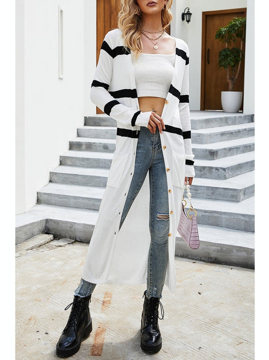 NicholesGifts Women Pocketed Striped Button Up Cardigan