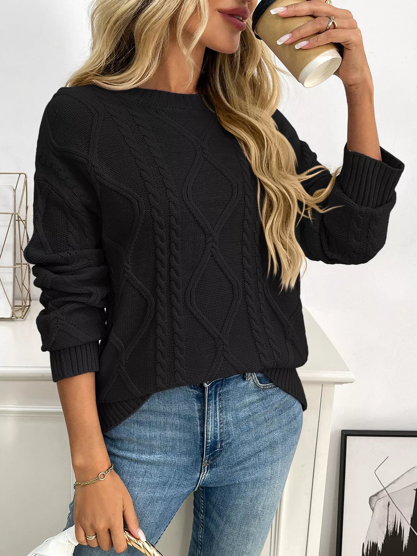 Cable Knit Round Neck Long Sleeve Sweater Trendsi