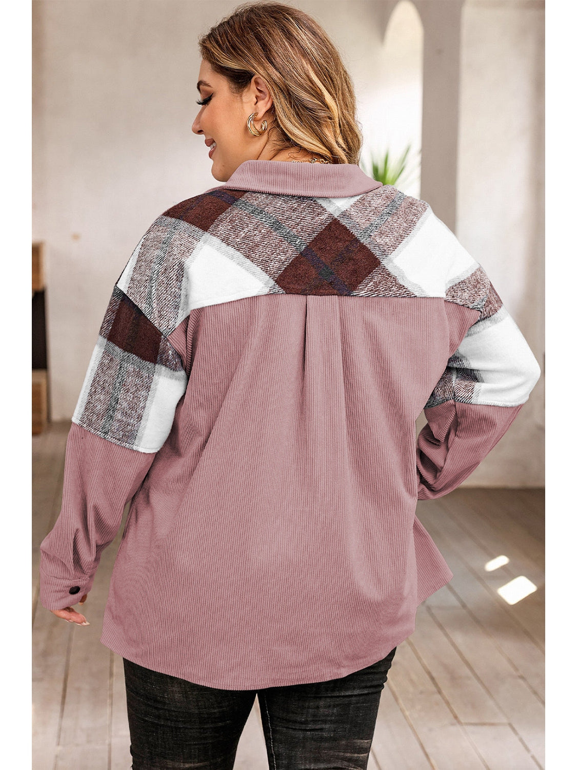 Plus Size Women Plaid Snap Down Jacket with Pockets NicholesGifts