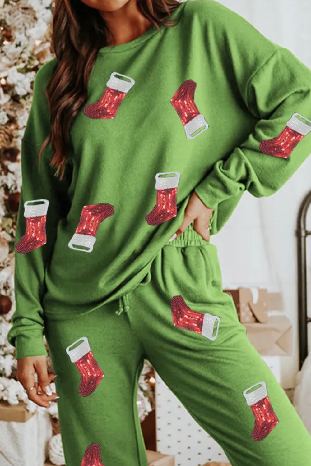 Sequin Socks Round Neck Long Sleeve Top and Pants Lounge Set NicholesGifts