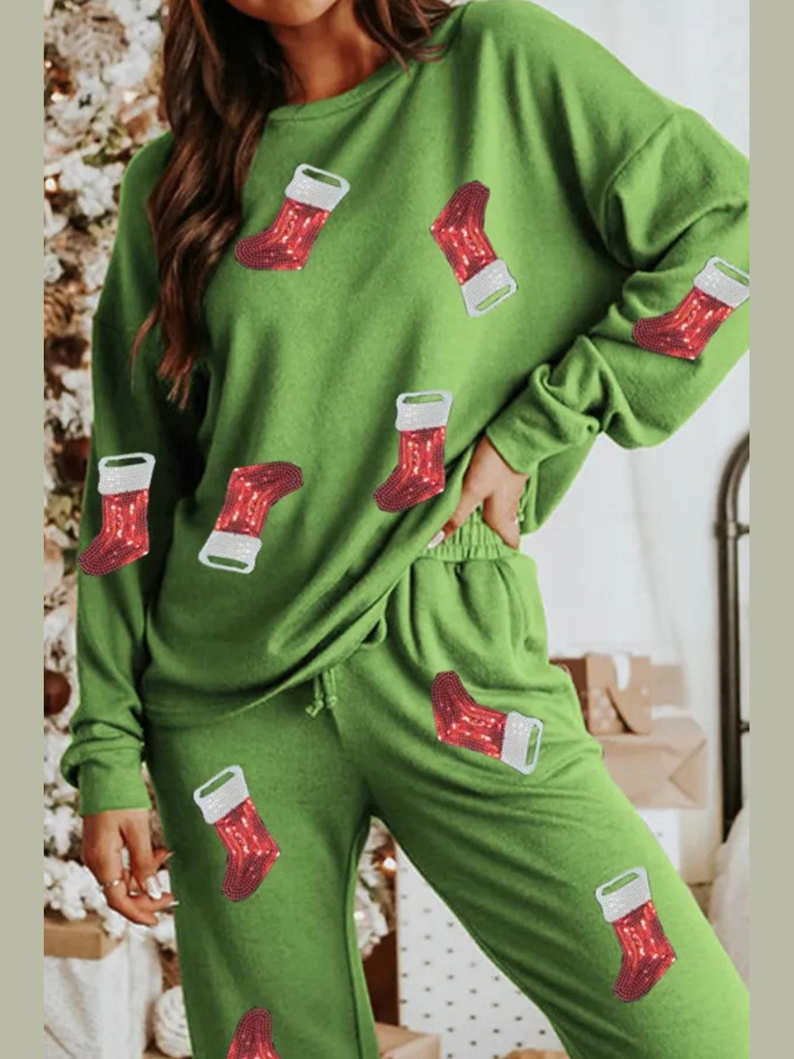 Sequin Socks Round Neck Long Sleeve Top and Pants Lounge Set NicholesGifts