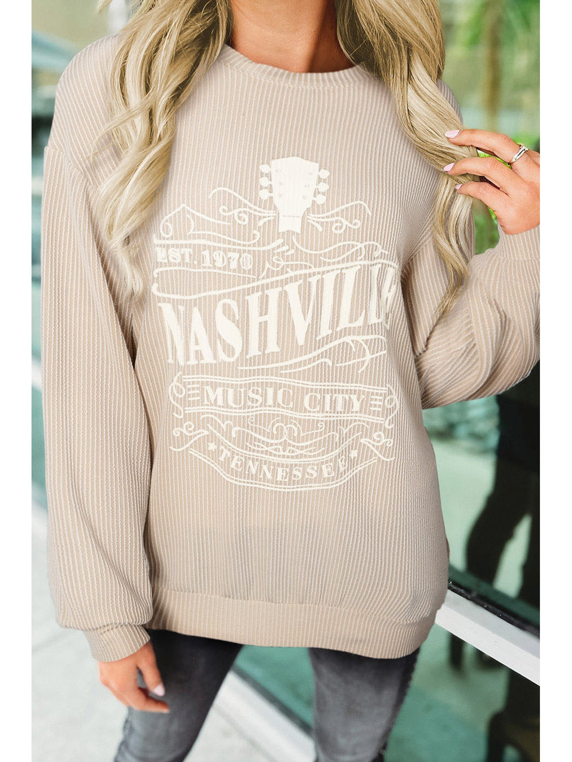 Ribbed Round Neck Long Sleeve Graphic Sweatshirt NicholesGifts