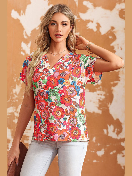 Printed Notched Short Sleeve Blouse