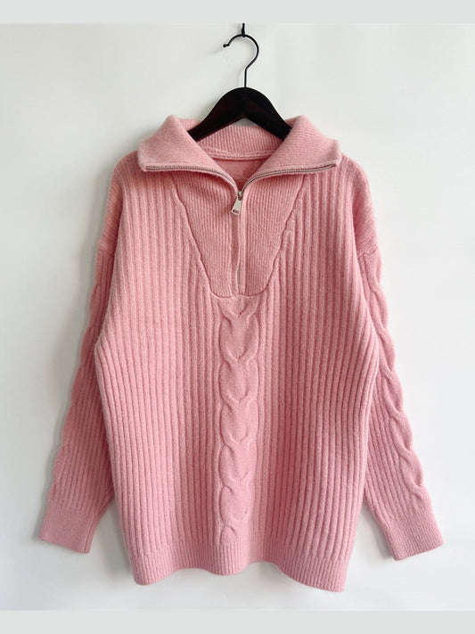 Ribbed Half Zip Long Sleeve Sweater Trendsi