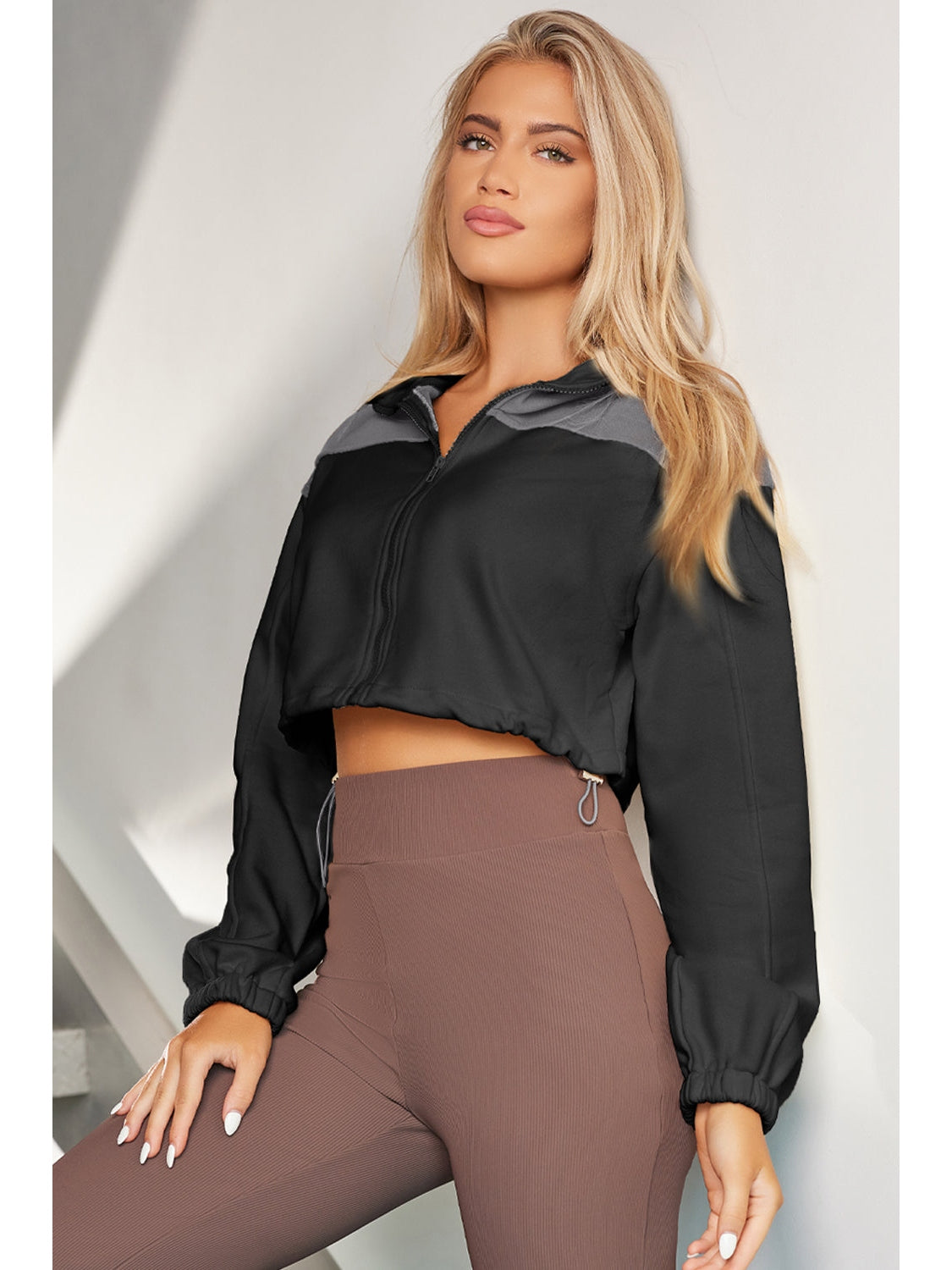 NicholesGifts Women Contrast Drawstring Zip Up Jacket NicholesGifts