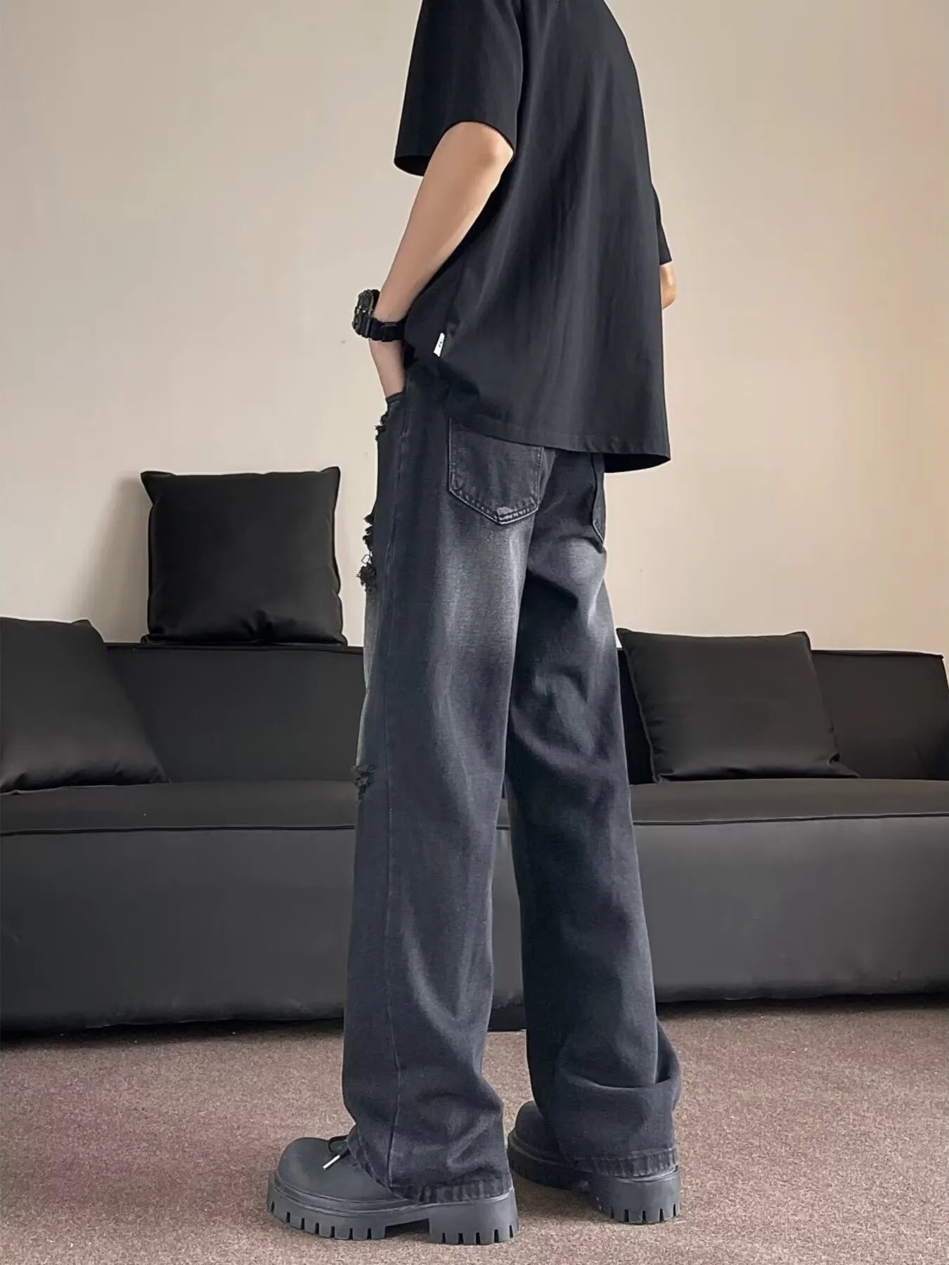 Men's Full Size Distressed Wide Leg Jeans Plus Size
