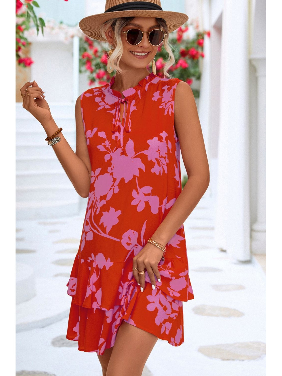 Women Floral Printed Tie Neck Sleeveless Summer Mini Dress