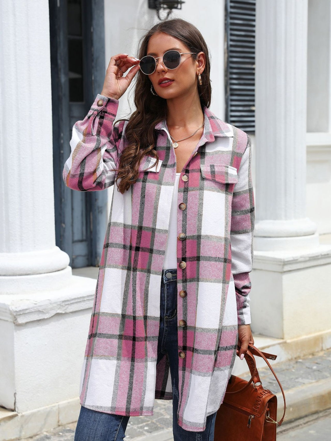 Plaid Belted Collared Neck Button Up Jacket nicholesgifts