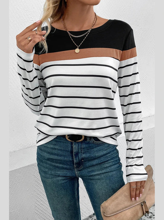 Perfee Striped Round Neck Long Sleeve T-Shirt nicholesgifts