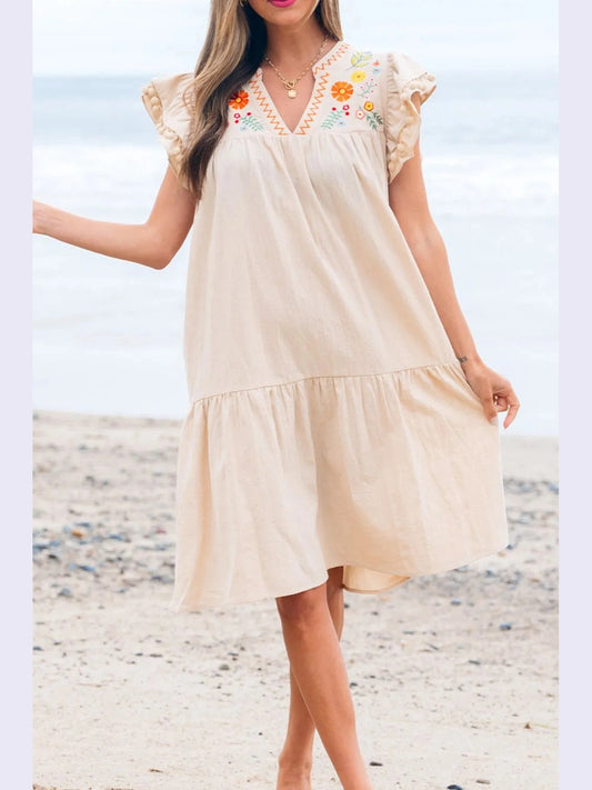 Floral Embroidery Pom Pom Ruffle Sleeves Mini Dress NicholesGifts