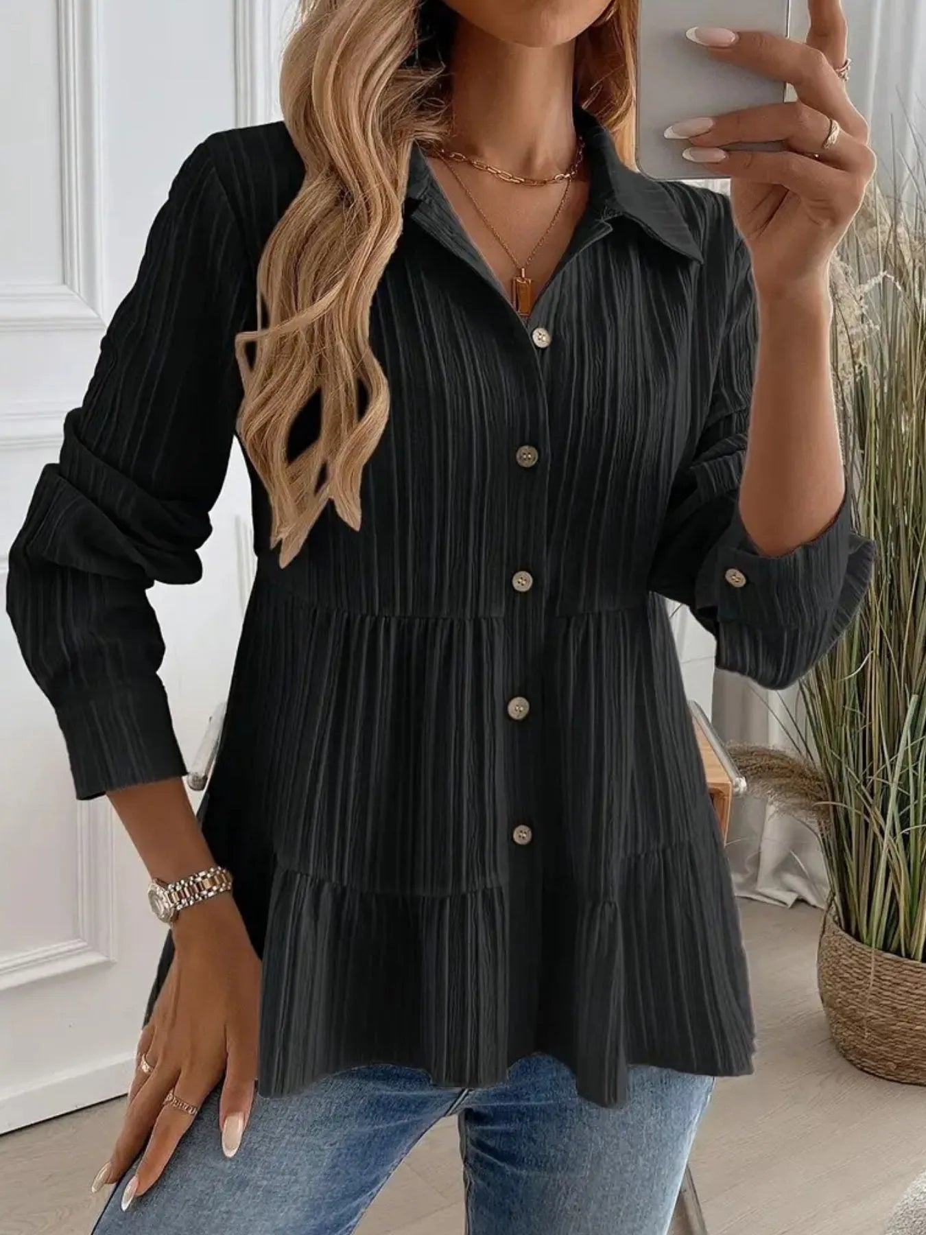 Women Striped Button-Down Tiered Shirt