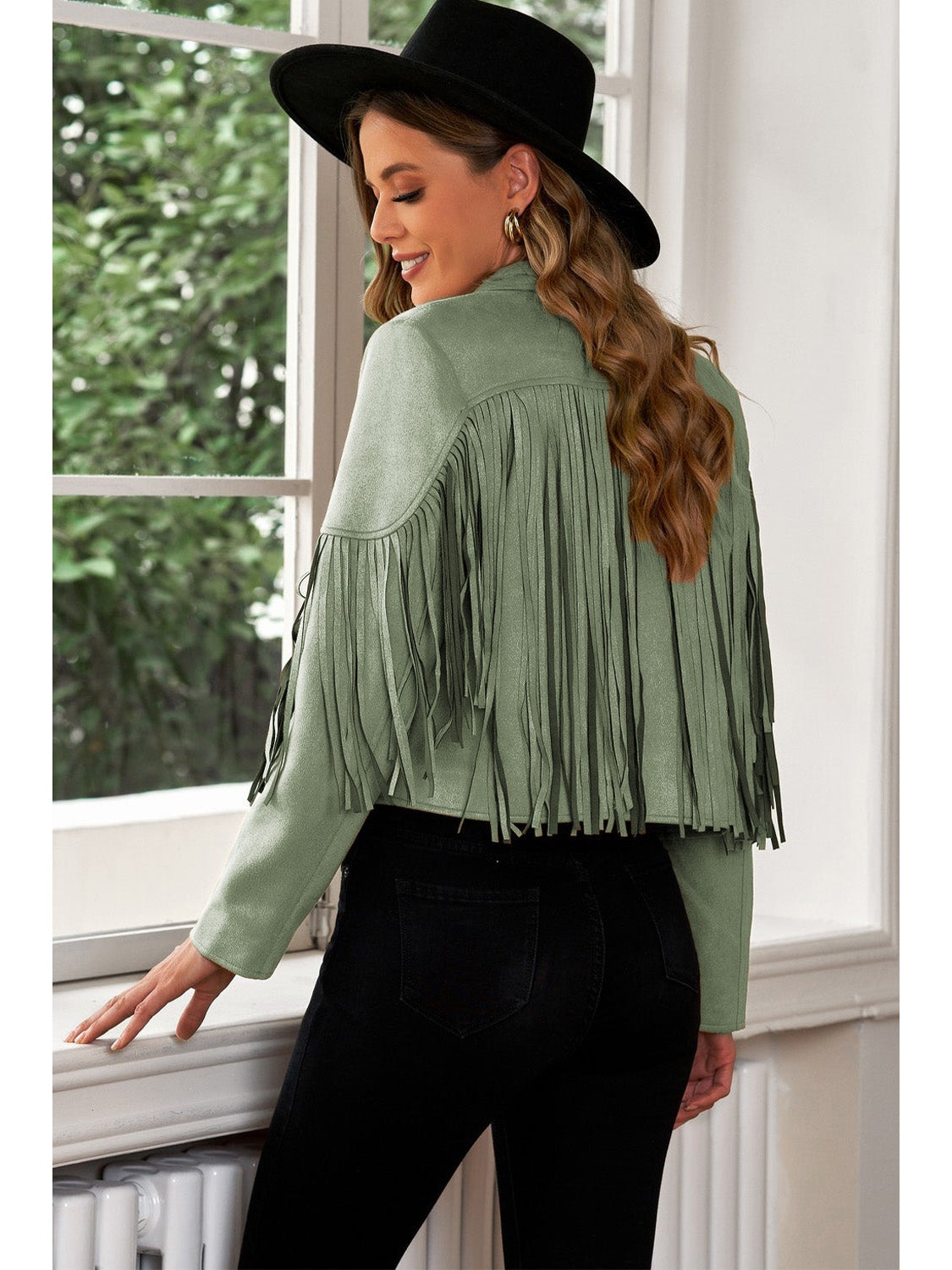 Fringe Trim Lapel Collar Cropped Blazer NicholesGifts