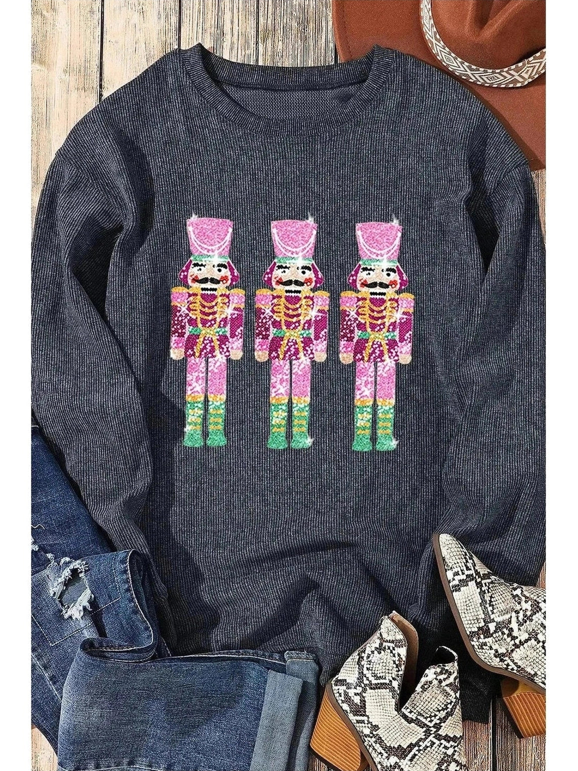 Sequin Nutcracker Round Neck Long Sleeve Sweatshirt NicholesGifts