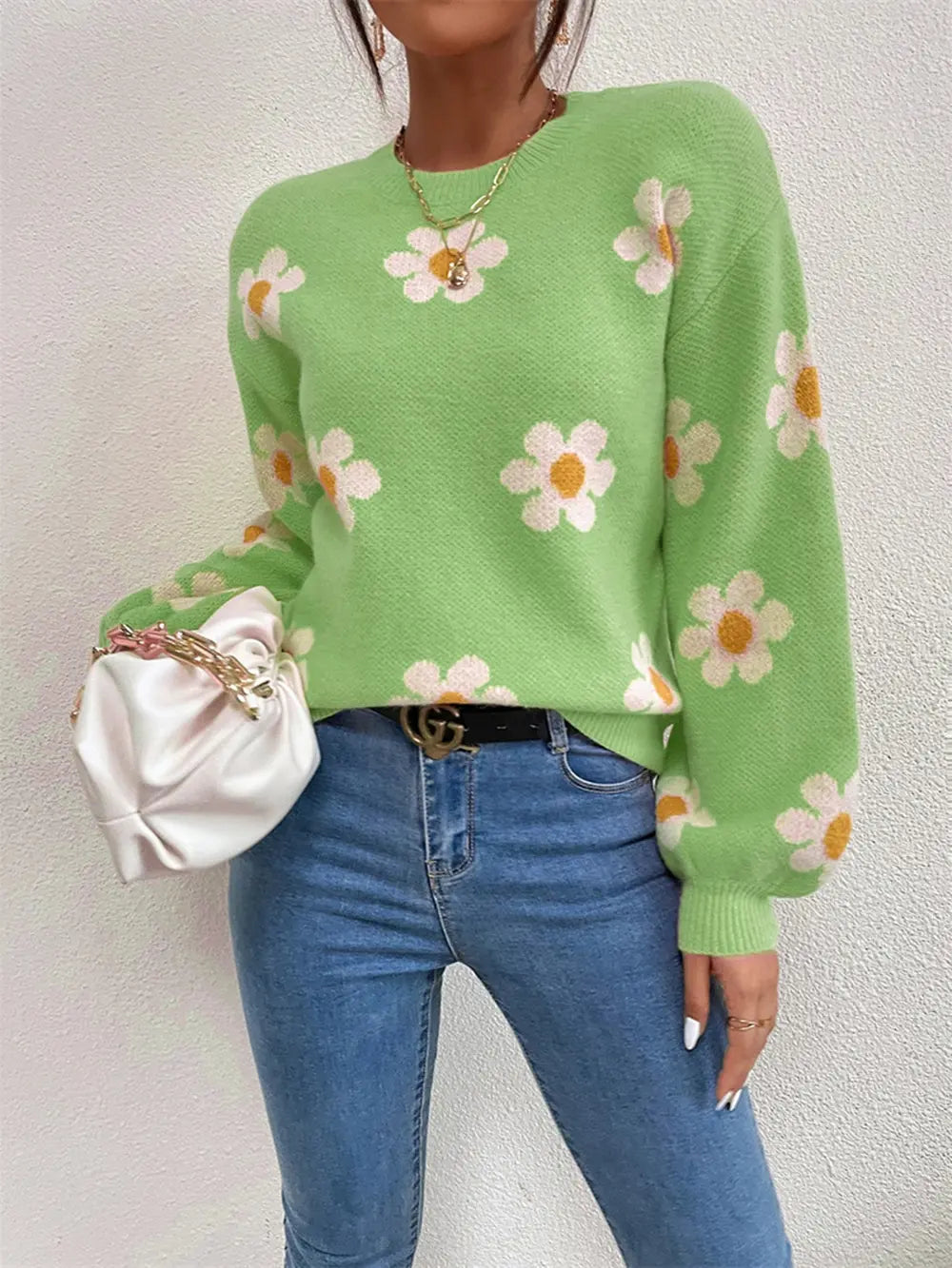 Flower Round Neck Latern Sleeve Sweater Trendsi