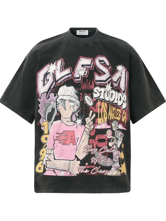 Men's Washed Anime Graphic Oversized T-Shirt Trendsi