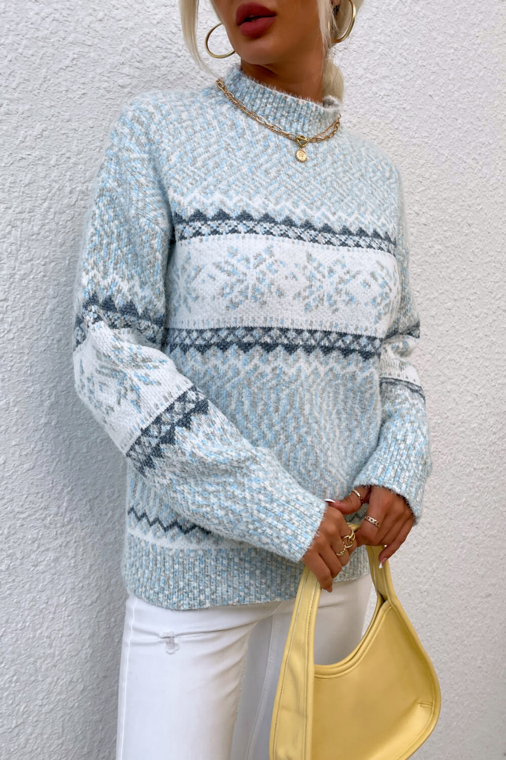 NicholesGifts Women Snowflake Pattern Mock Neck Sweater NicholesGifts