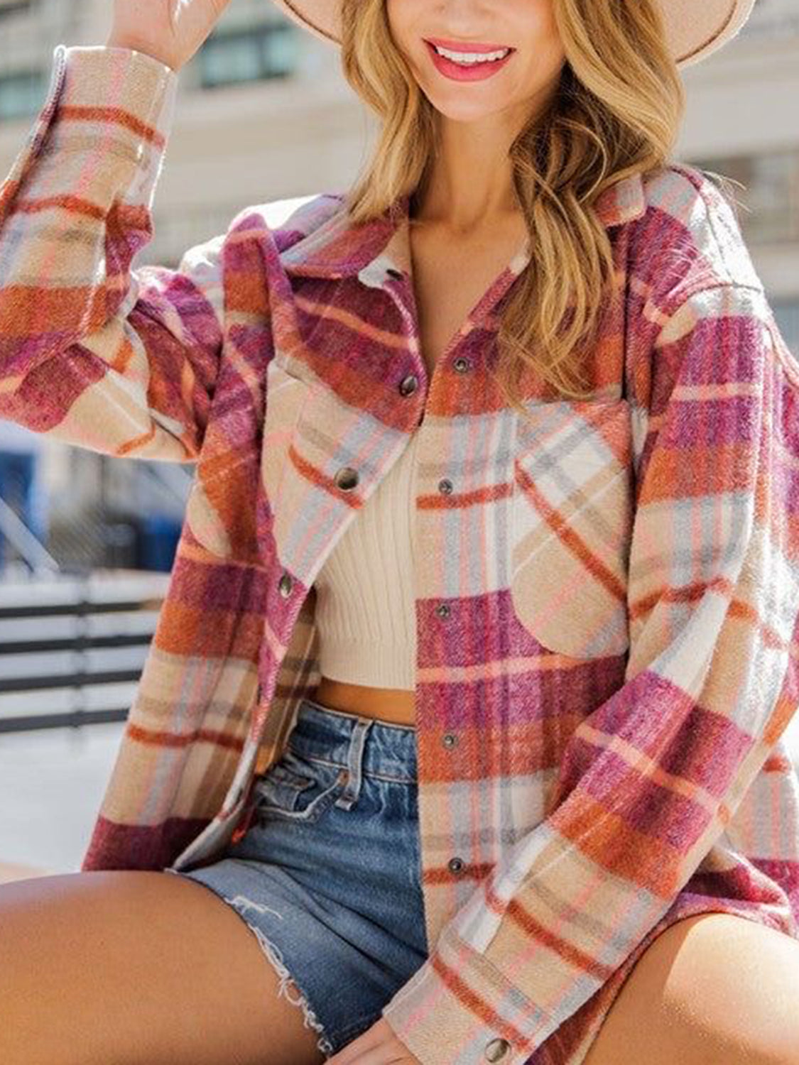 Snap Up Plaid Collared Neck Jacket with Pocket NicholesGifts